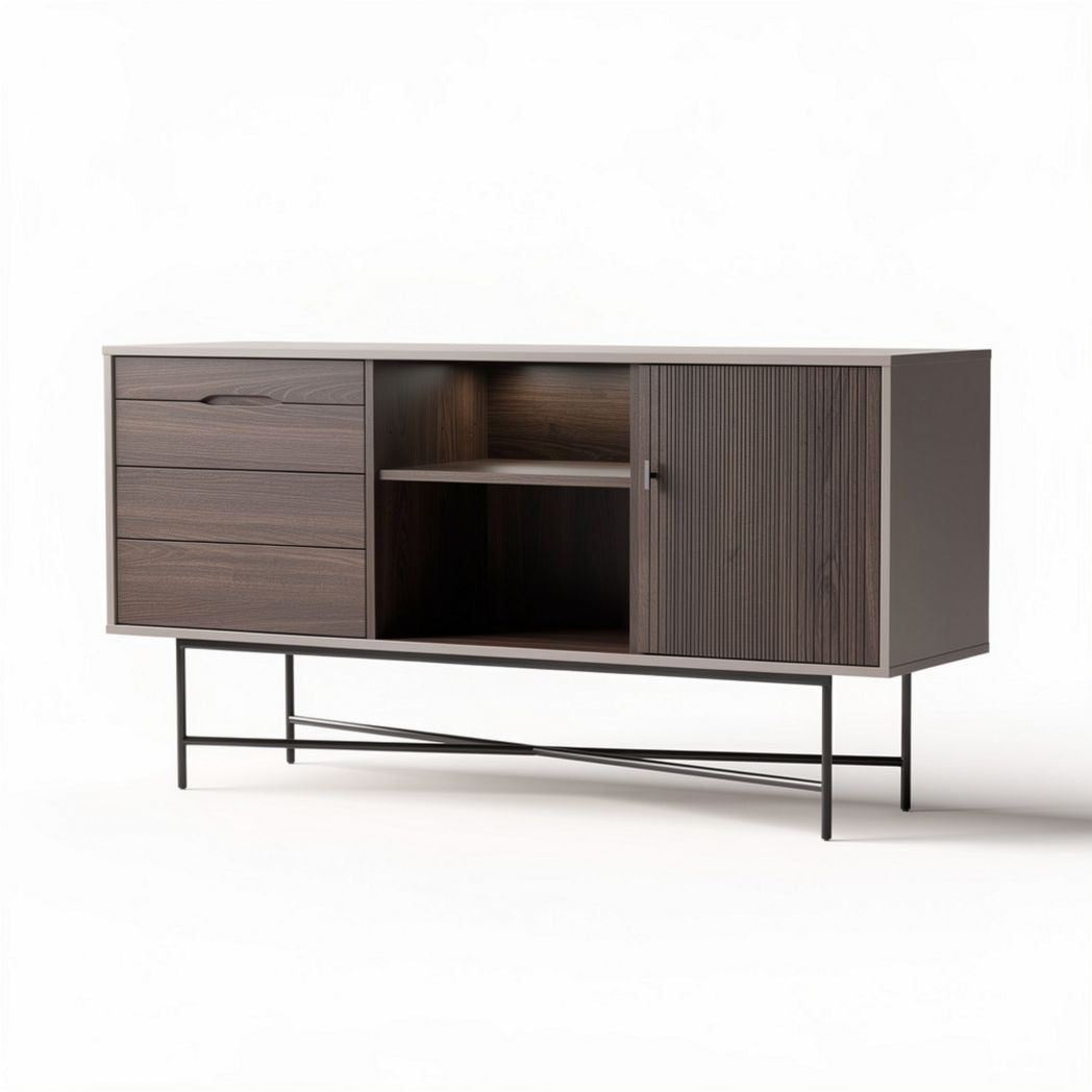 Wooden sideboard storage cabinet with sliding doors and metal legs 120 x 40 x 70cm