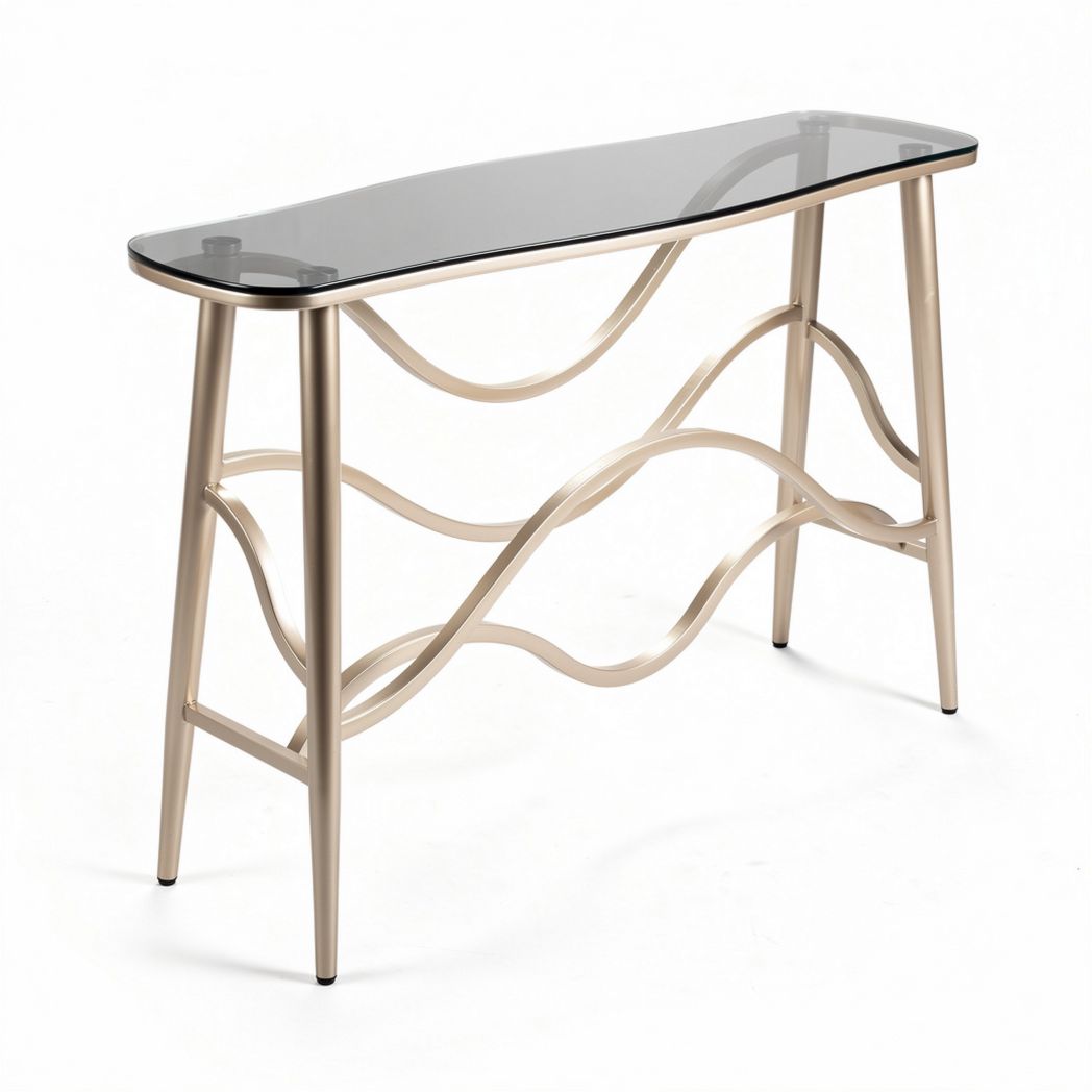 Glass top console table with wavy metal base in gold finish 120 x 40 x 75cm