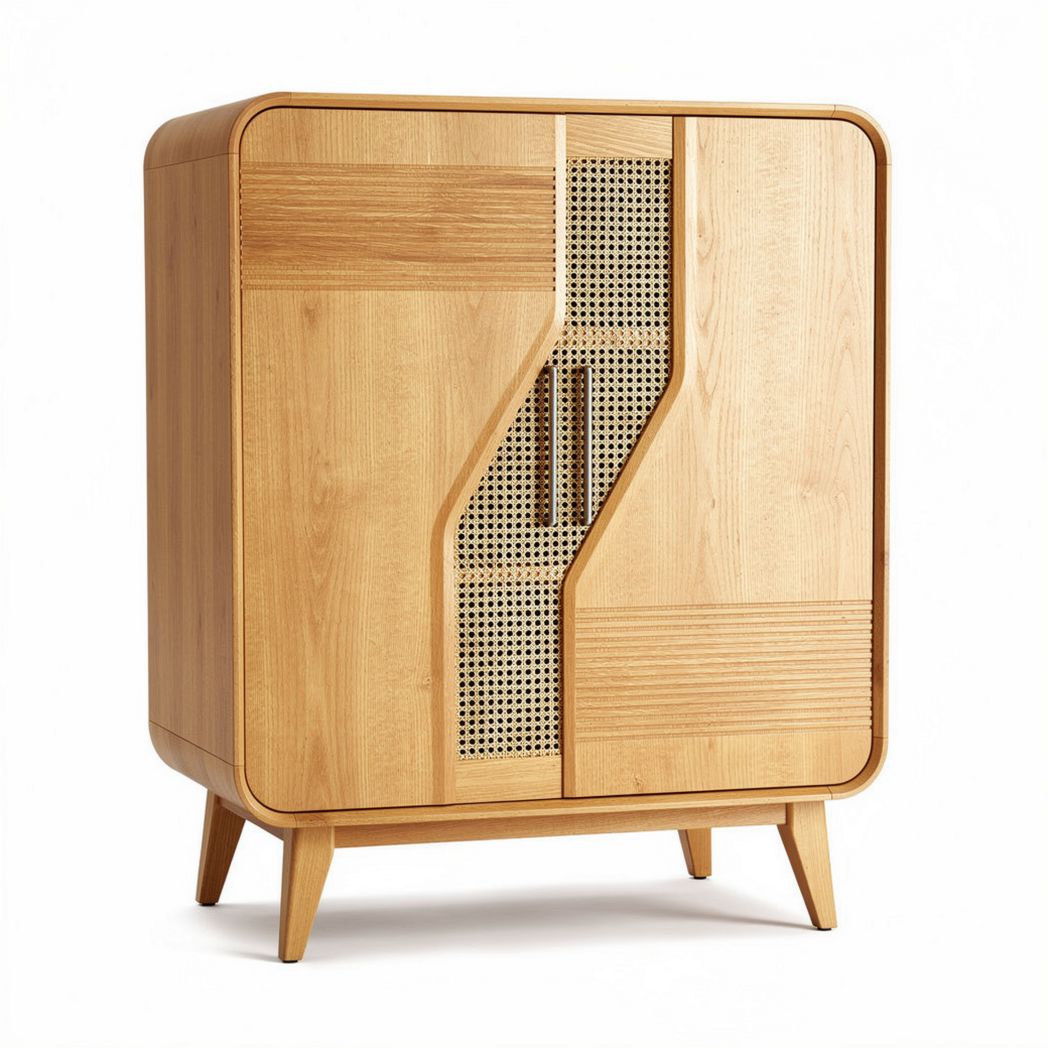 Wooden storage cabinet with rattan accents 80 x 40 x 100cm