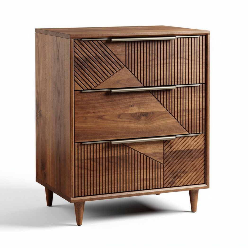 Wooden side table with geometric pattern and three drawers 40 x 40 x 70cm