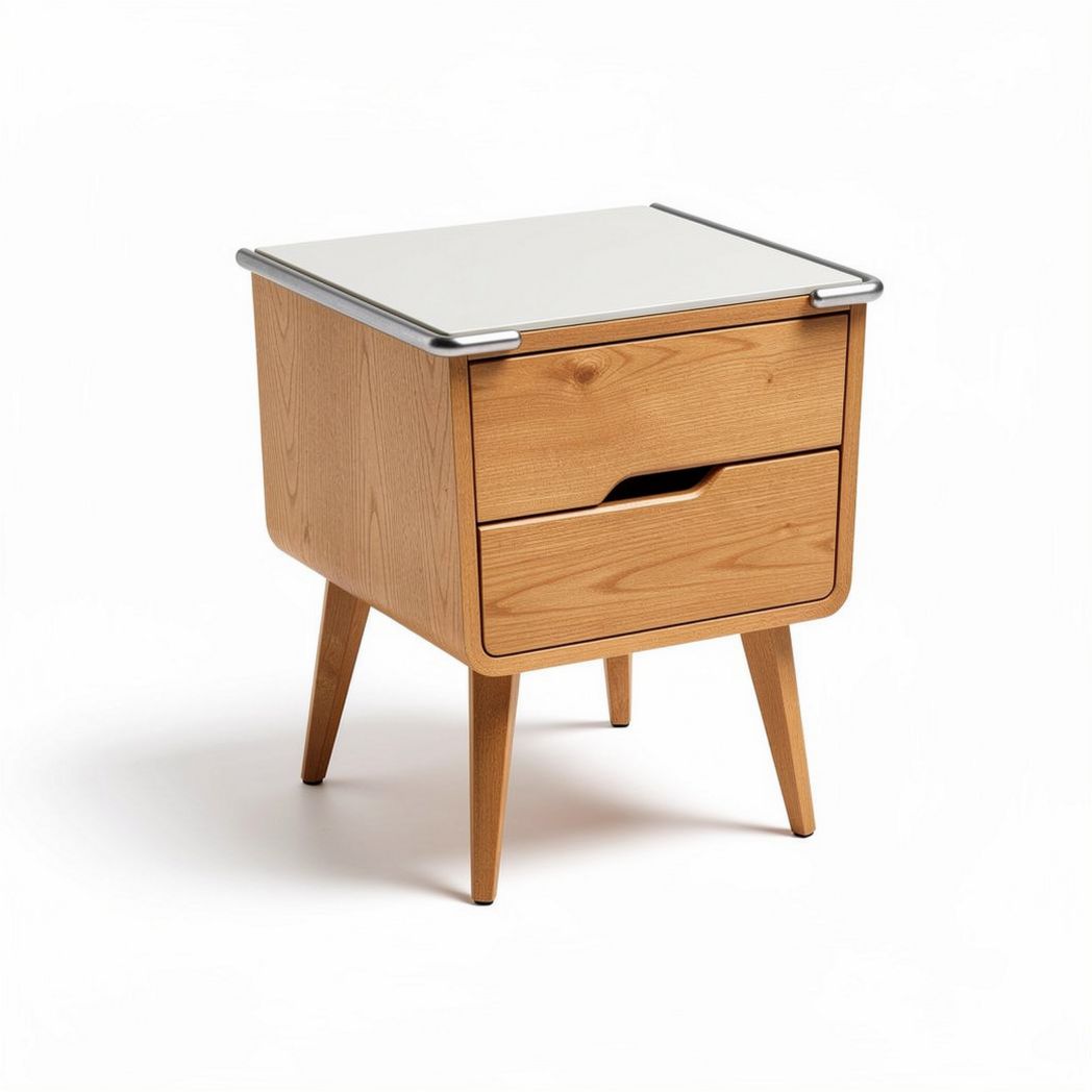 Wooden bedside table with two drawers and a white top 45 x 40 x 40cm