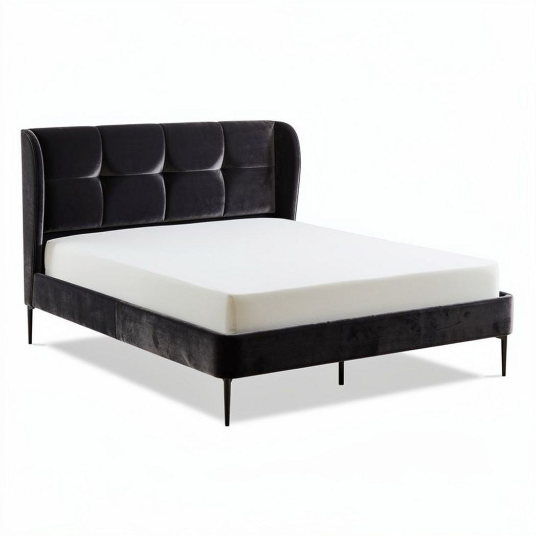 Velvet upholstered bed frame with headboard in black size 200 x 160 x 30cm
