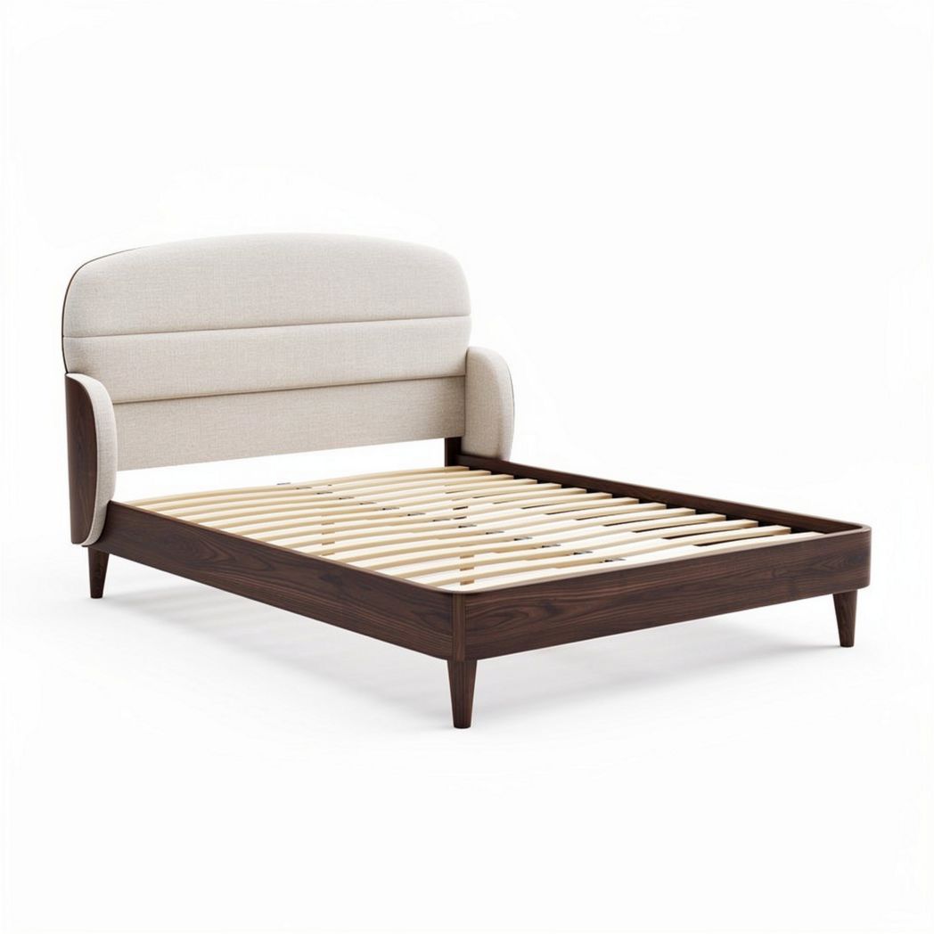 Upholstered bed frame with wooden slats and headboard in beige 200 x 160 x 100cm
