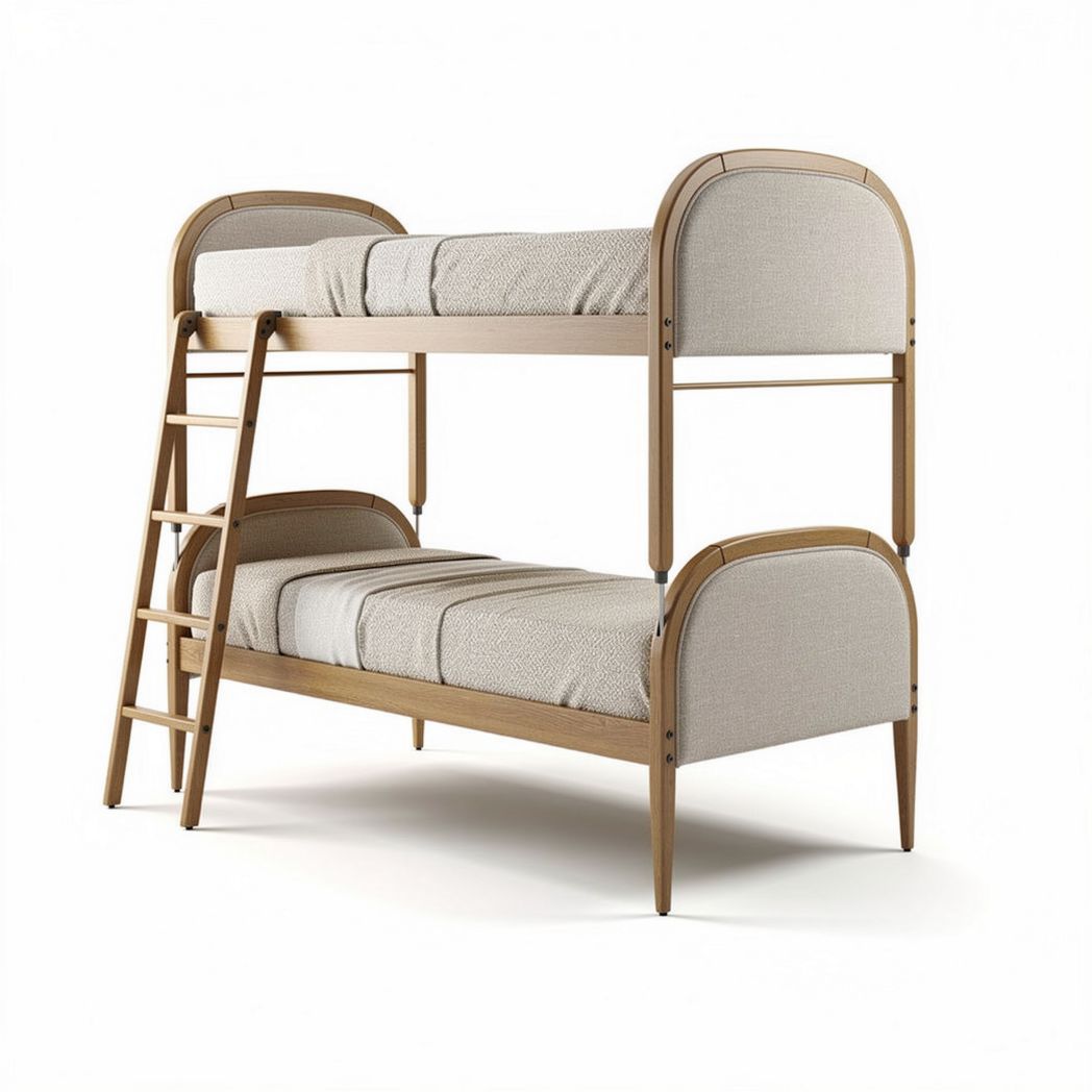 Bunk bed with wooden frame and beige fabric mattresses for kids 200 x 100 x 160cm