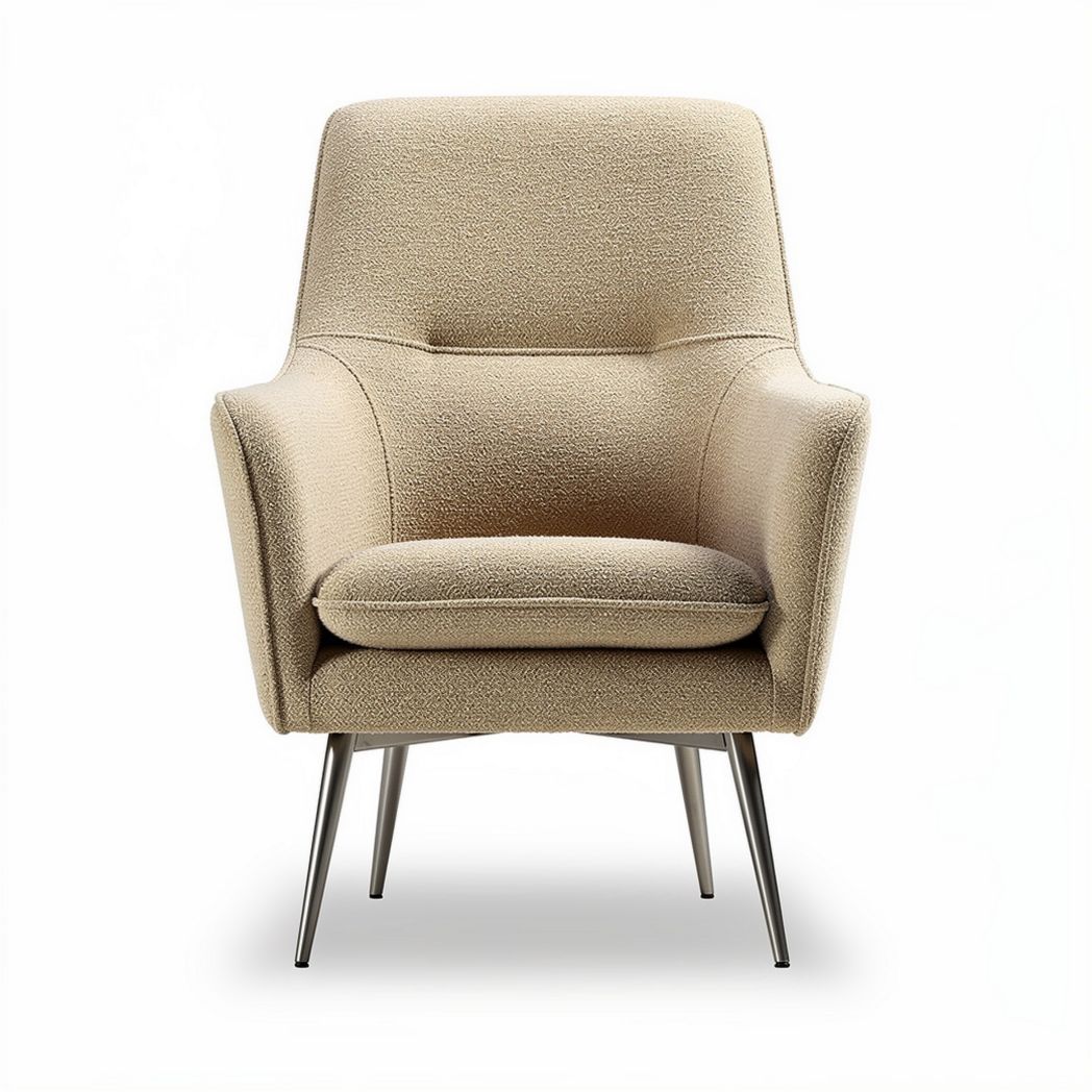 Beige upholstered accent chair with metal legs for living room use