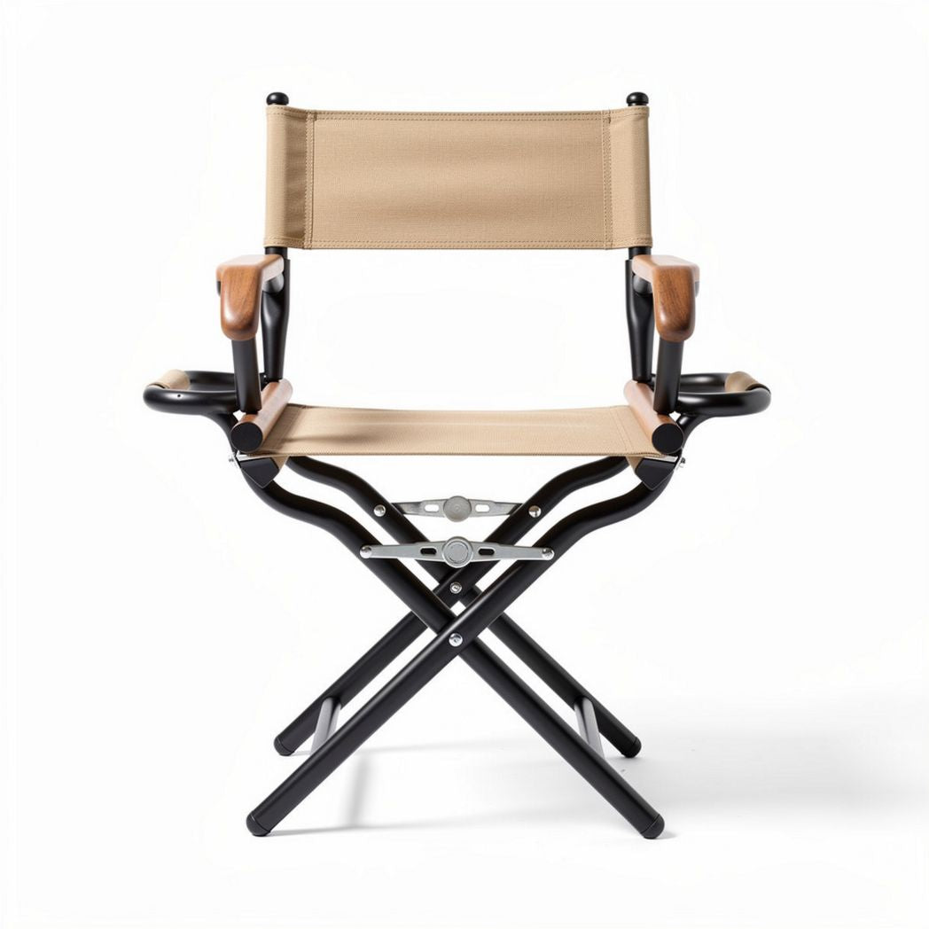 Folding director's chair with wooden arms and beige fabric 80 x 60 x 90cm