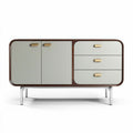 Modern storage cabinet with two doors and three drawers in gray and walnut finish