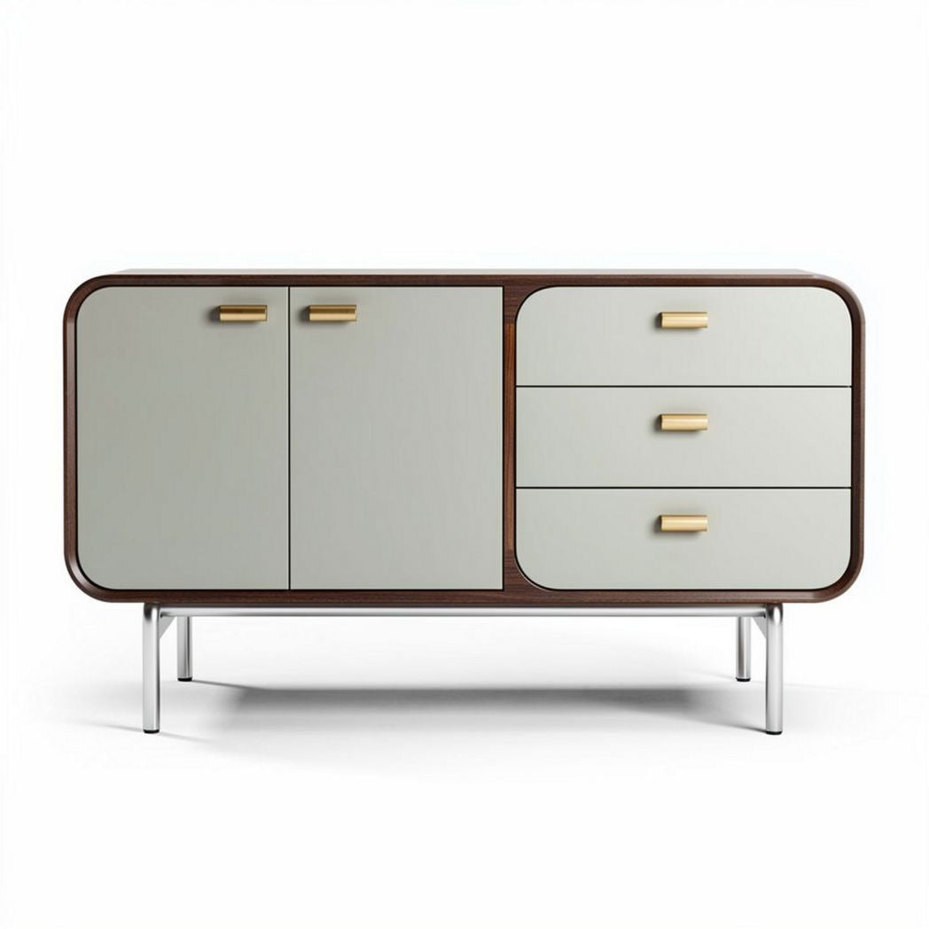 Modern storage cabinet with two doors and three drawers in gray and walnut finish