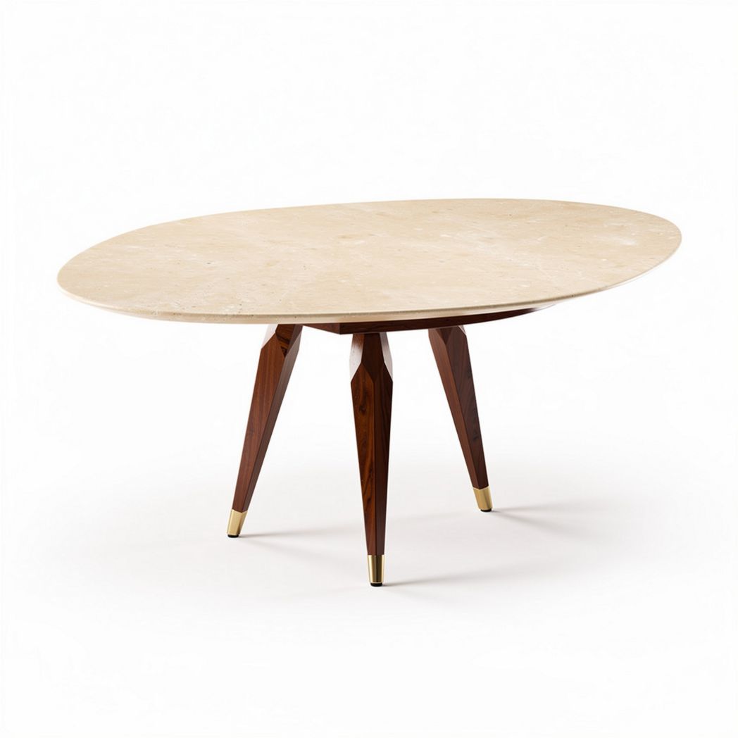 Marble top oval coffee table with sturdy wooden legs and gold accents